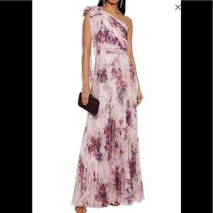 MARCHESA NOTTE
One-shoulder bow-embellished pleated floral gown